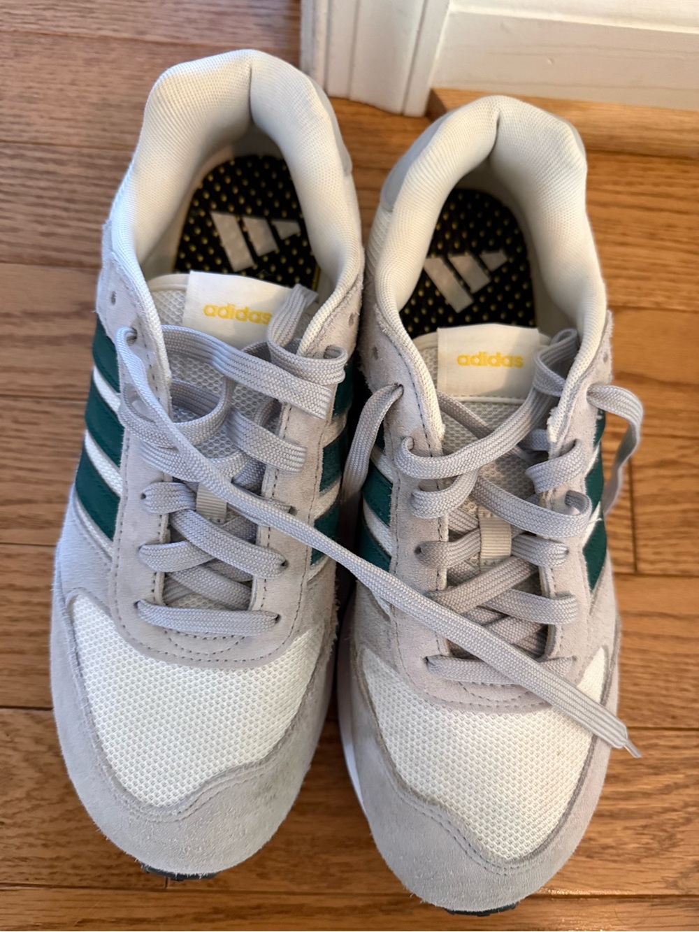 adidas Kids Light Gray Sneakers with Green Stripes
